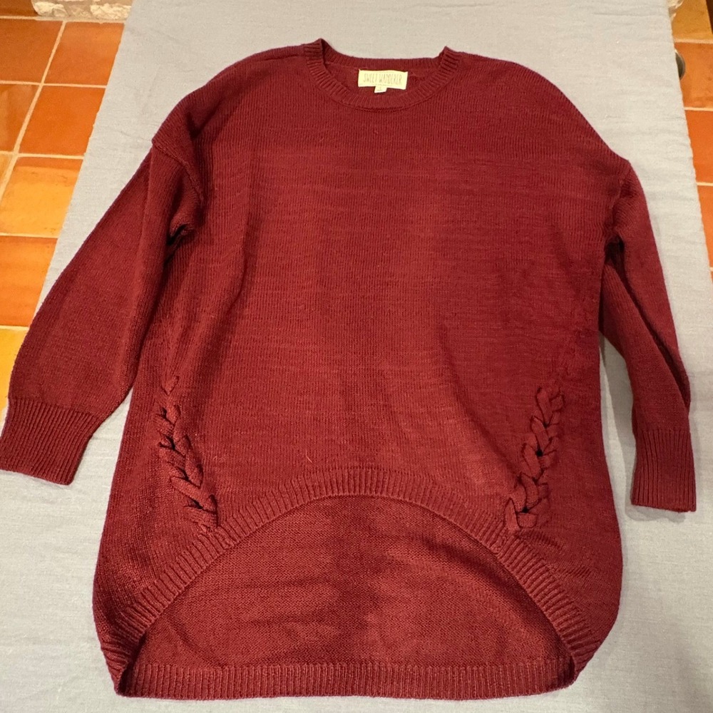 Sweet Wanderer Burgundy Crew Neck Sweater Braided Side Detail High Low Hem Large